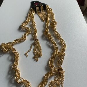Paparazzi scarf necklace or belt with earrings, gold tone.